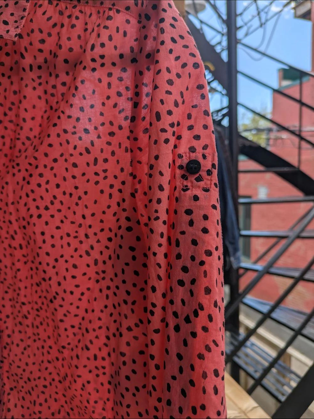 Women’s Coral Pink Button-Down Blouse with Black Dot Print - Picture 4 of 8